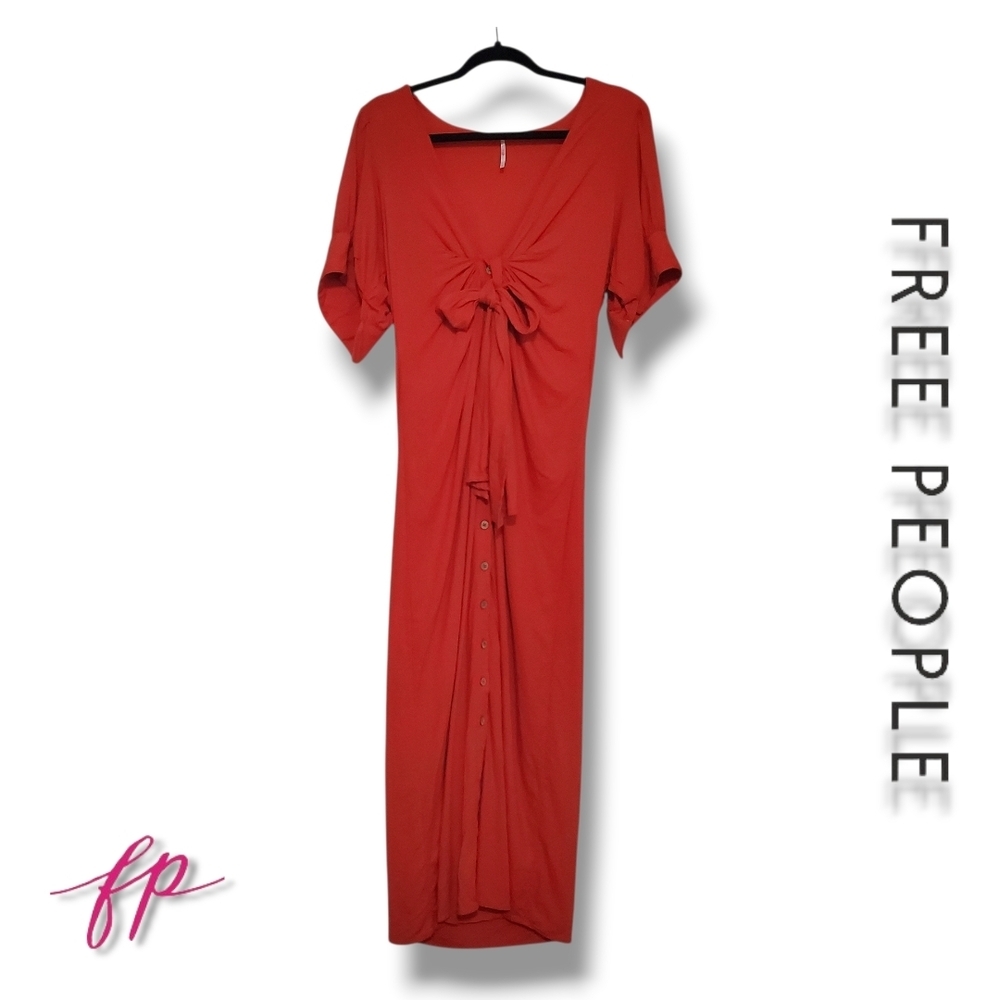 Free People Linen Vintage Summer Midi Red Tie-Front Maxi Dress Women's Sz Large